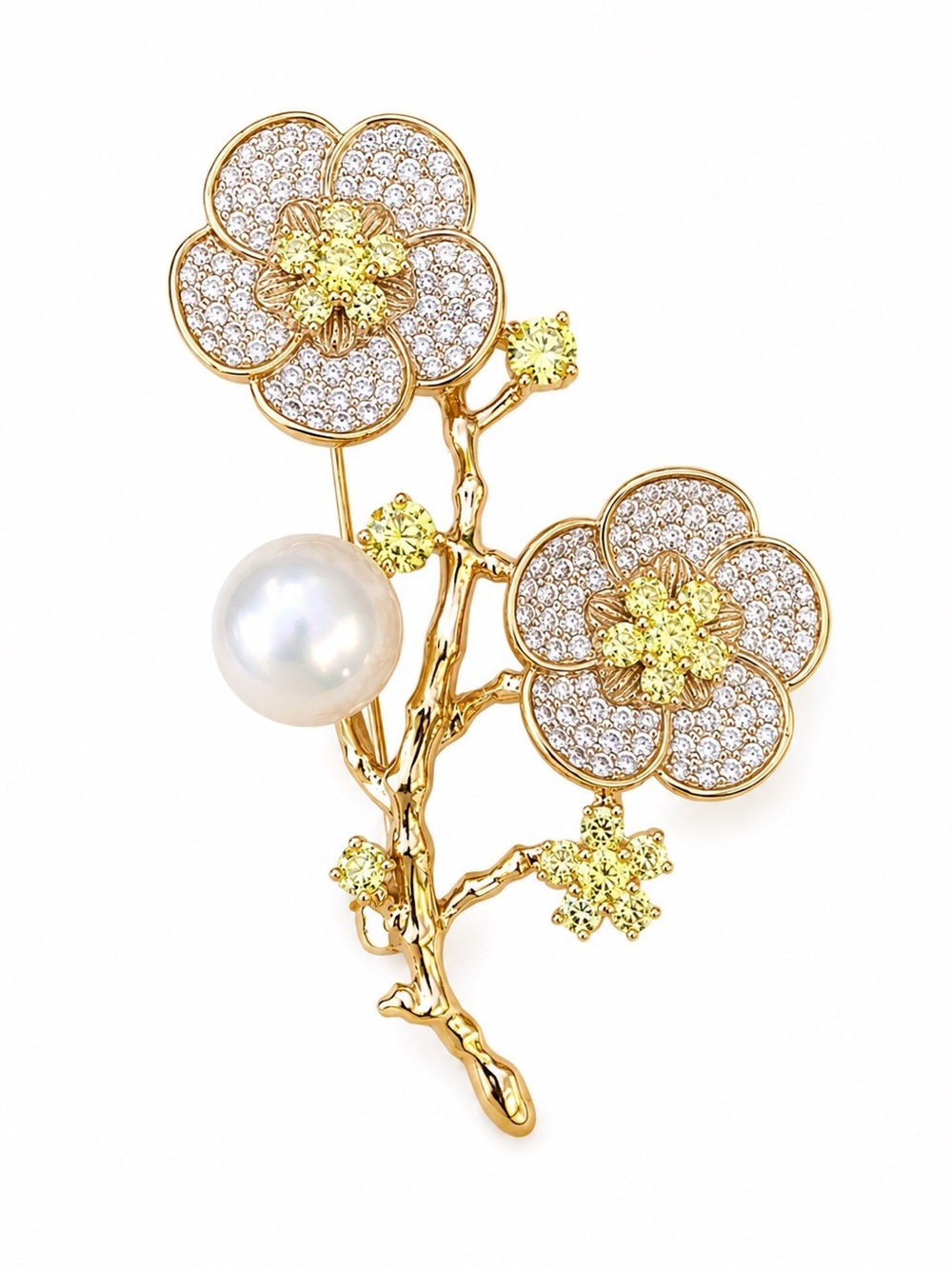 Gold Floral Pearl Brooch with Yellow Crystal Accents